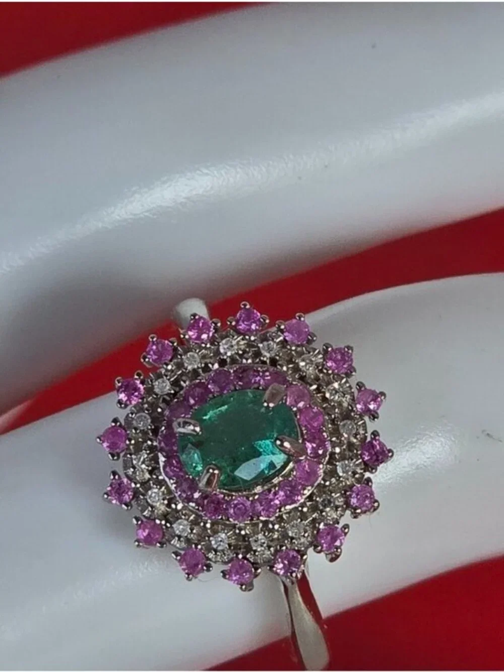 925 Sterling Silver Ring 7.5 with Natural Emerald Sapphires & Diamonds